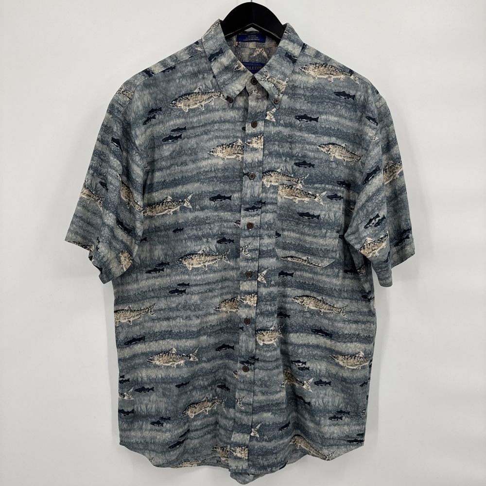 PENDLETON Dad Shirt‎ Mens L Short Sleeve Button Up Fishing  100% Cotton Blue EVC